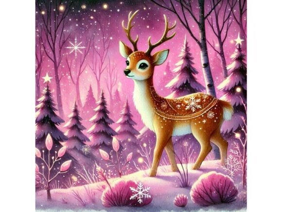 Christmas Deer in Glowing Pink Forest Illustrations
