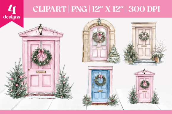 Christmas Door Clipart with Wreaths PNG Illustrations