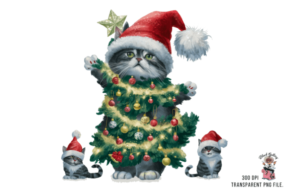 Christmas Kitten Tree Clipart PNG