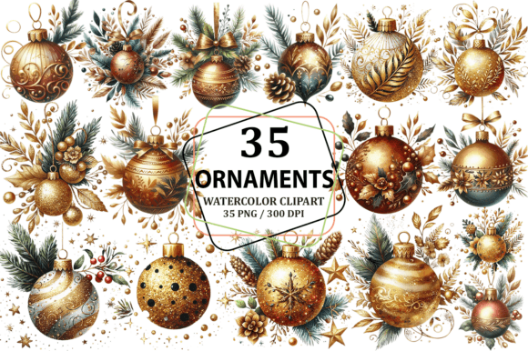 Gold Glitter Christmas Ornament Clipart for Illustrations