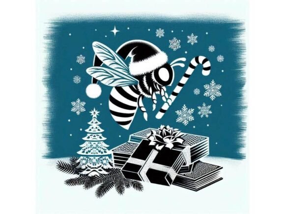 Stencil Bee on a Christmas Banner Backgr: A Review for Illustrations