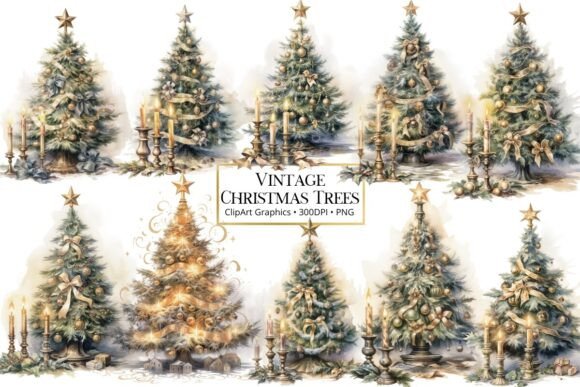 Vintage Christmas Trees Watercolor PNG in Illustrations