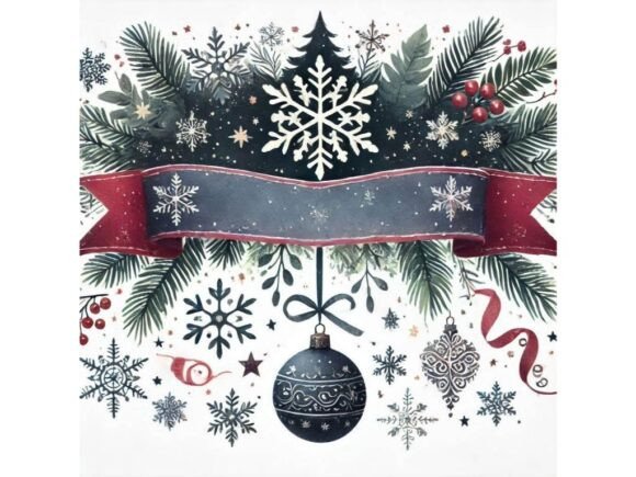 Watercolor Christmas Banner with Snowfla Illustrations