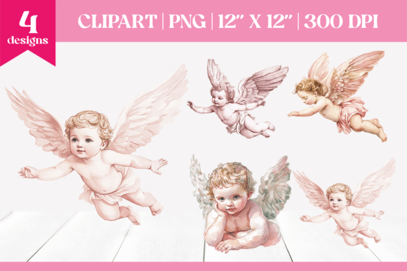 Watercolor Pink Christmas Cherubs Clipar Illustrations